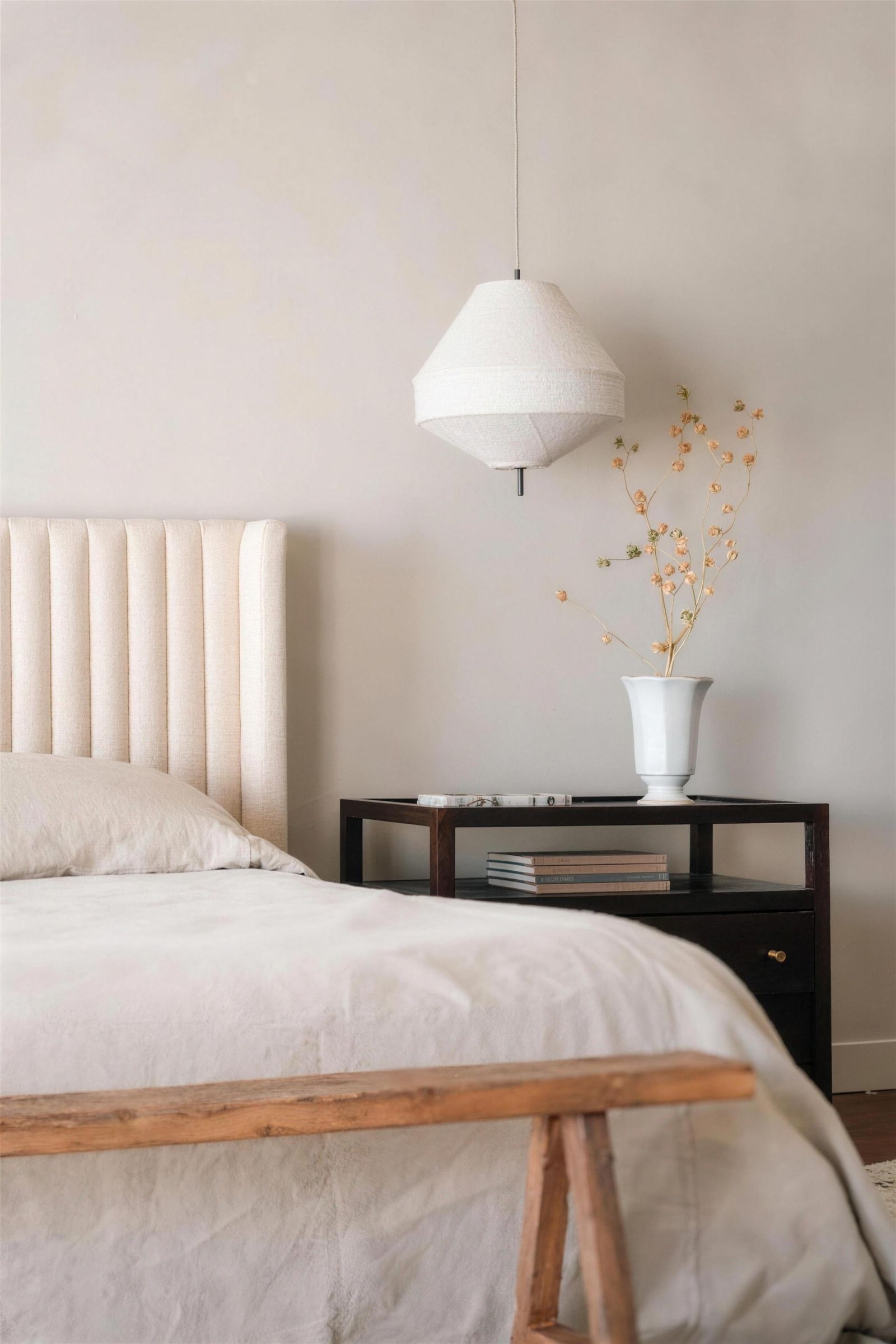American clay plaster bedroom wall in a pale neutral tone