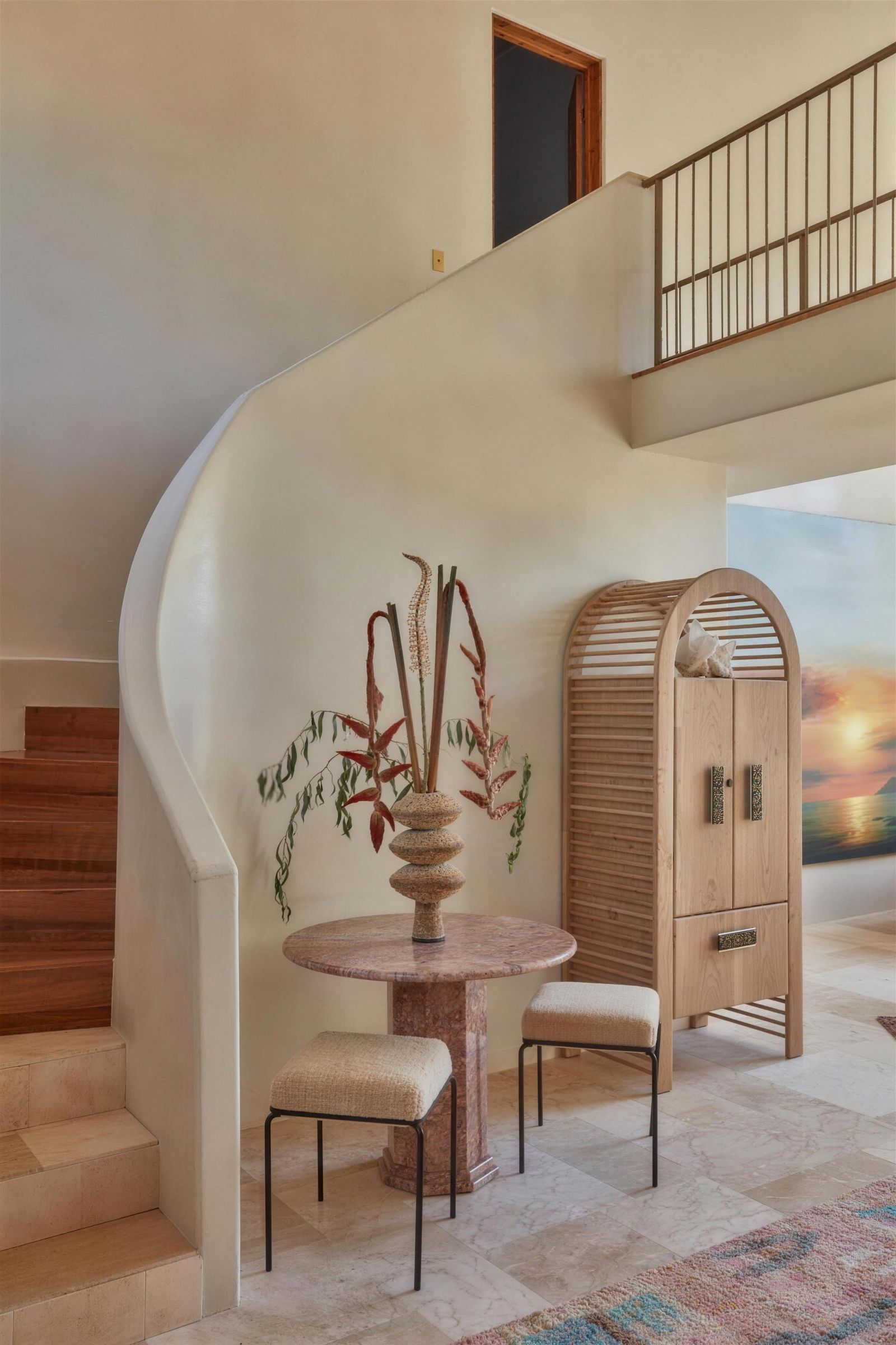 Roman clay plaster wall along a curved staircase
