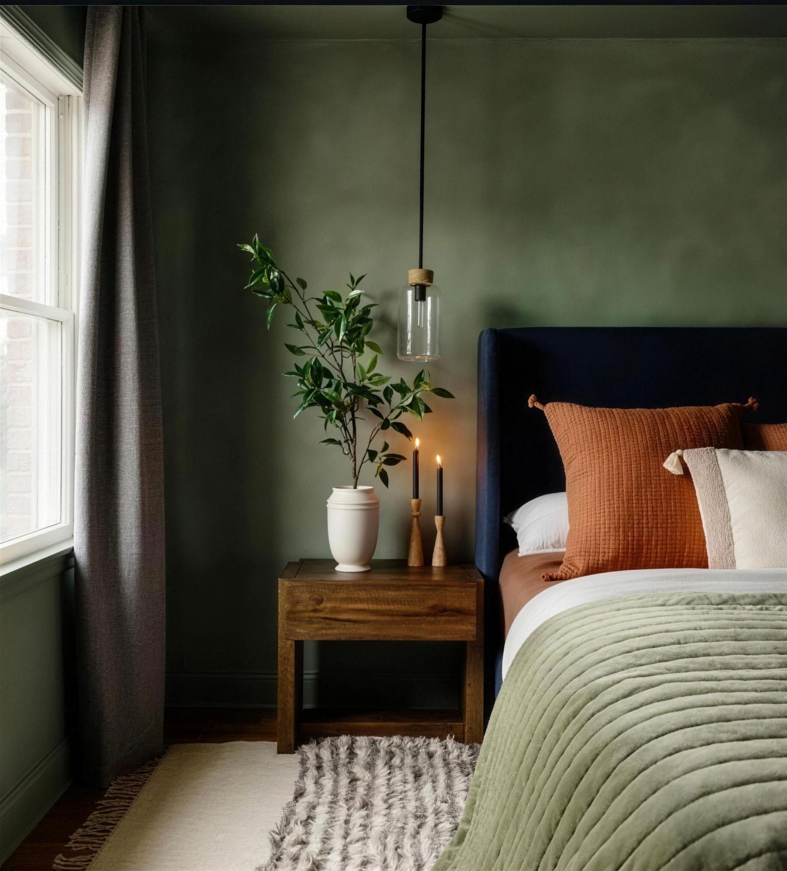 Deep green clay plaster bedroom with layered textiles
