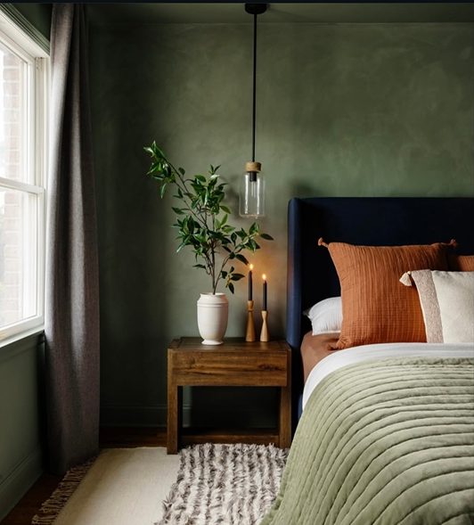 Deep green clay plaster bedroom with layered textiles