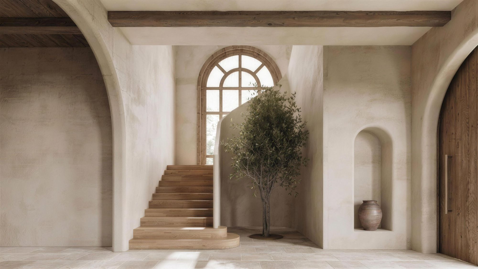 Entry hall with hand-troweled lime plaster walls, arched openings and an oak staircase