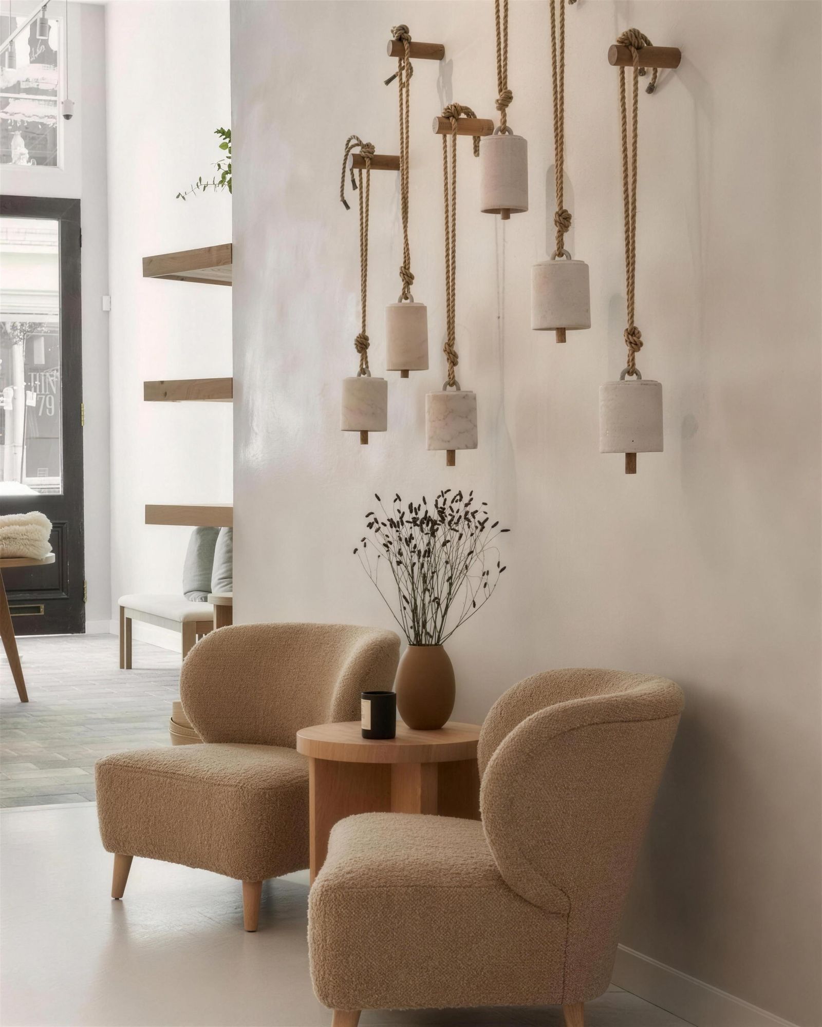 Warm plaster interior with soft seating and sculptural pendant lighting